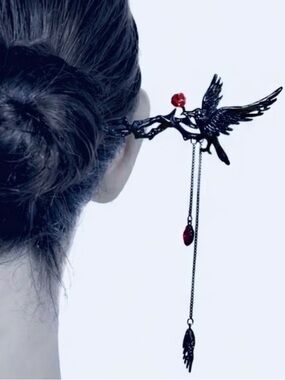 “Raven” Edgar Poe Perched Crow Rose Blood Droplet Branch Tassels Hair Stick Pin
